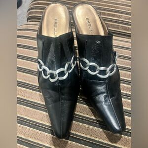 Bellini Black Leather Mules with Chunky Silver Chain